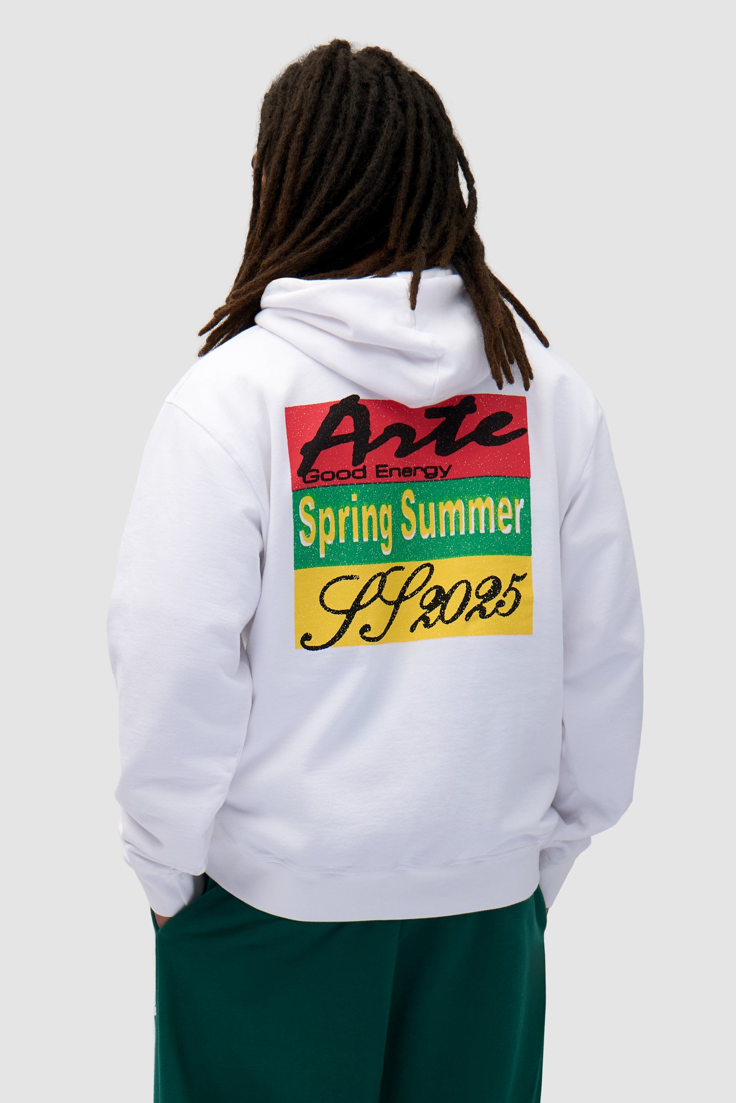 Energy Print Hoodie in White worn by a model, half-body front view