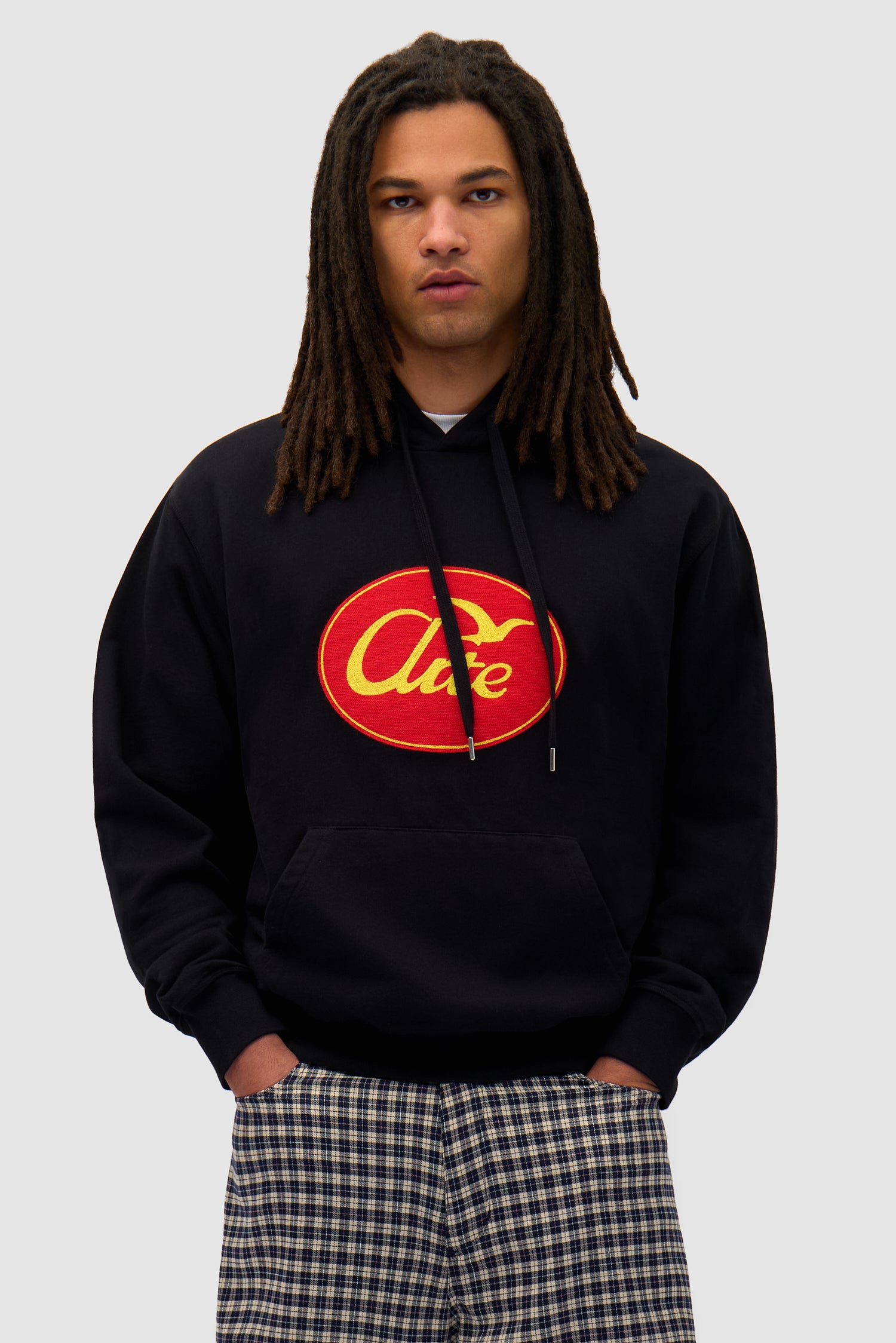 Big Bird Hoodie in Black worn by a model, half-body front view