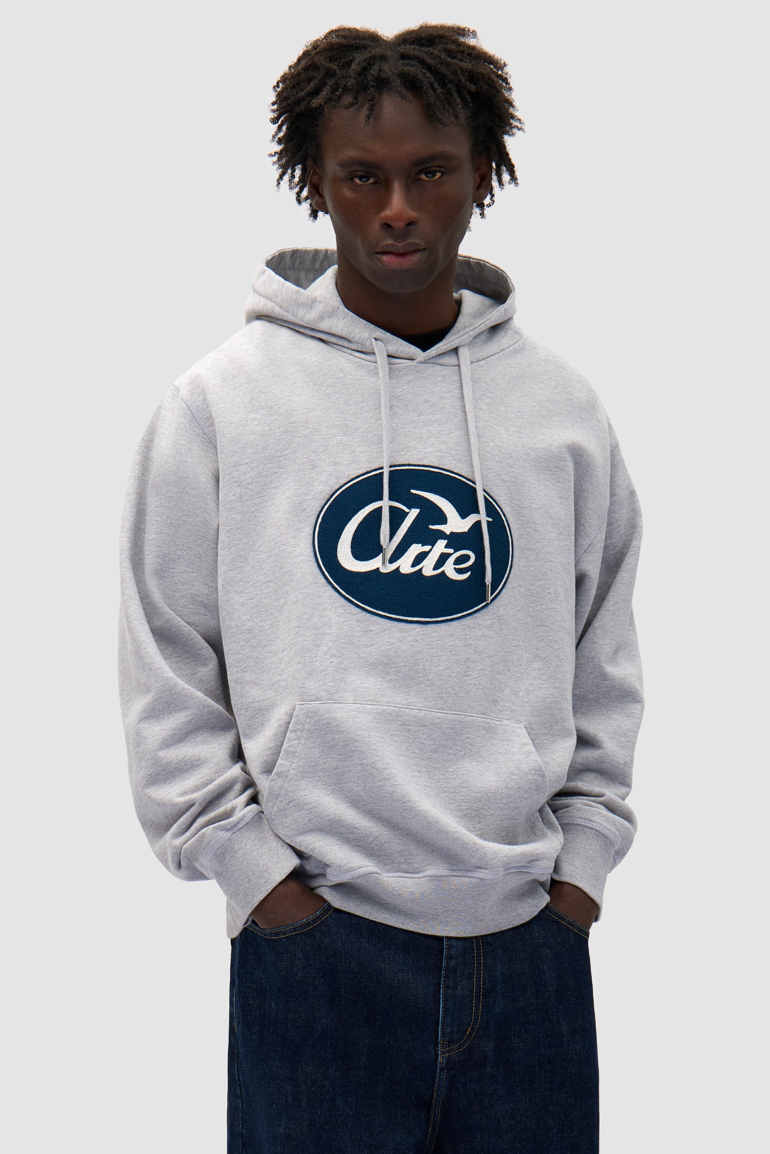 Big Bird Hoodie in Grey worn by a model, half-body front view