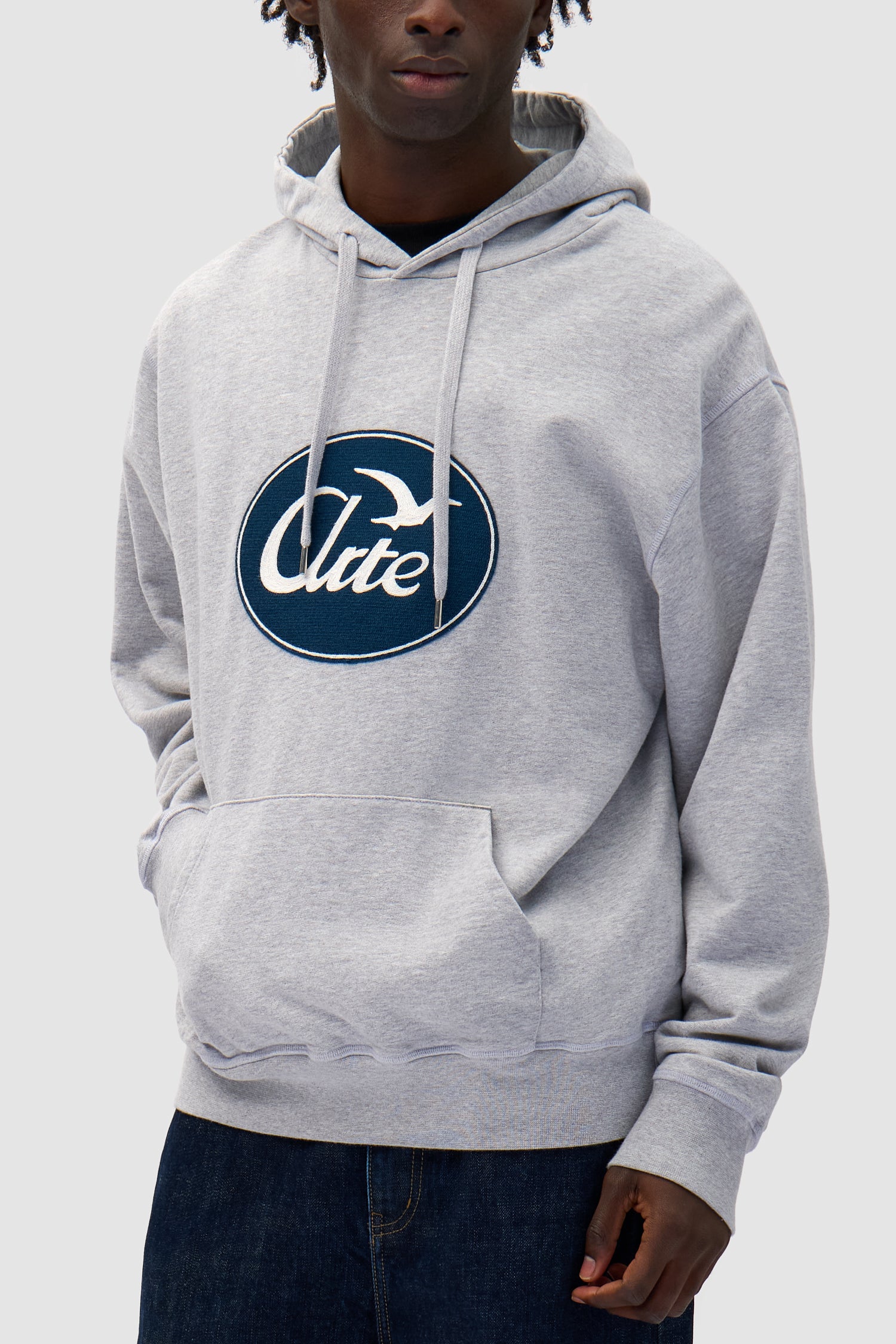 Big Bird Hoodie in Grey worn by a model, full-body back view