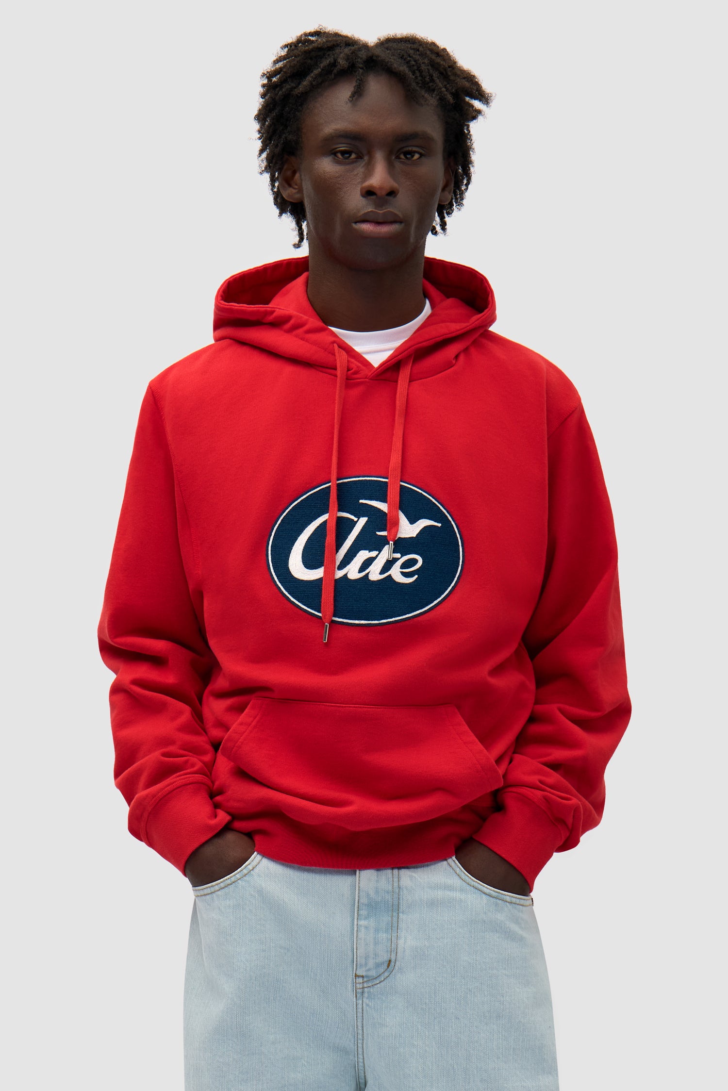 Big Bird Hoodie in Red worn by a model, half-body front view