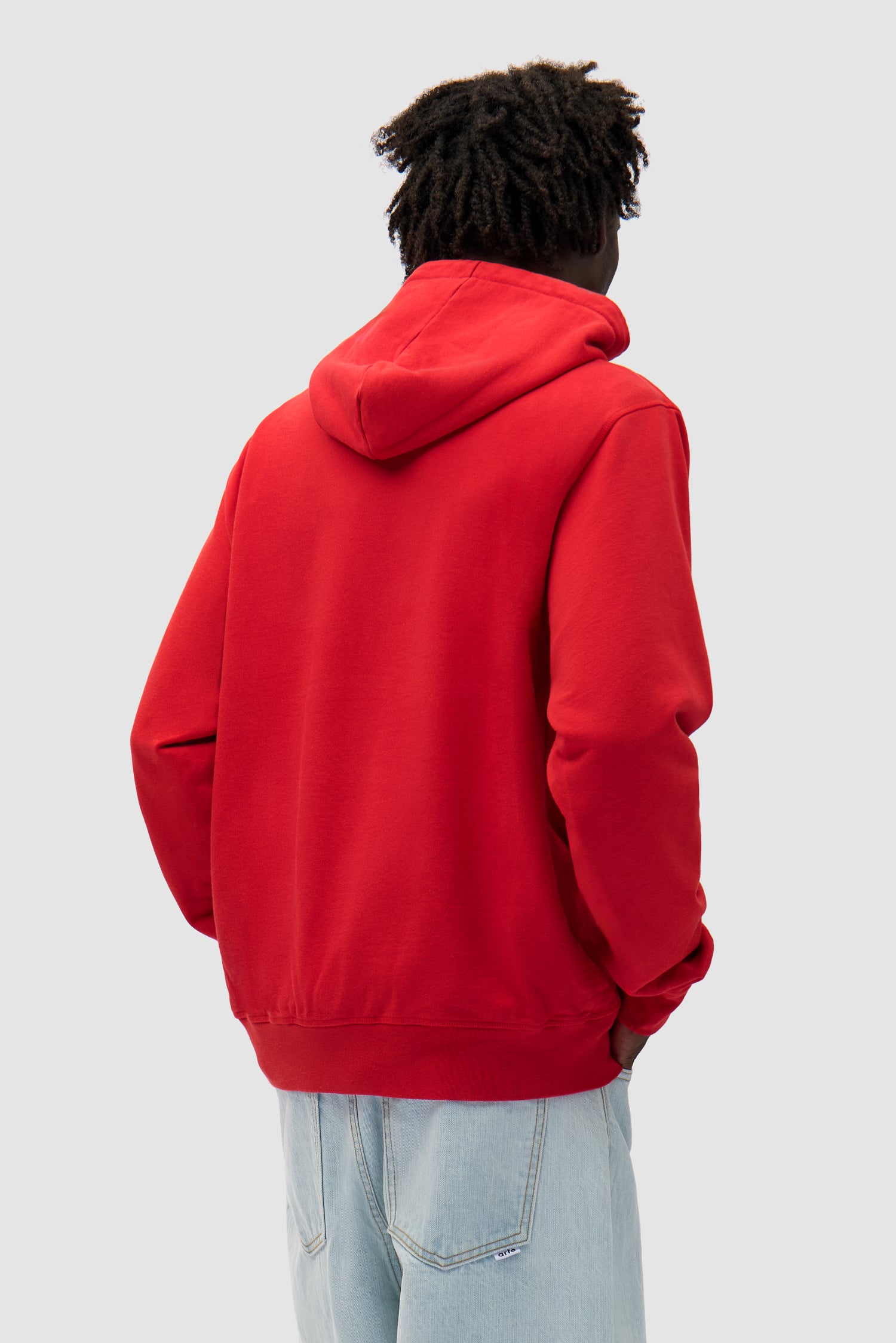 Big Bird Hoodie in Red worn by a model, half-body back view