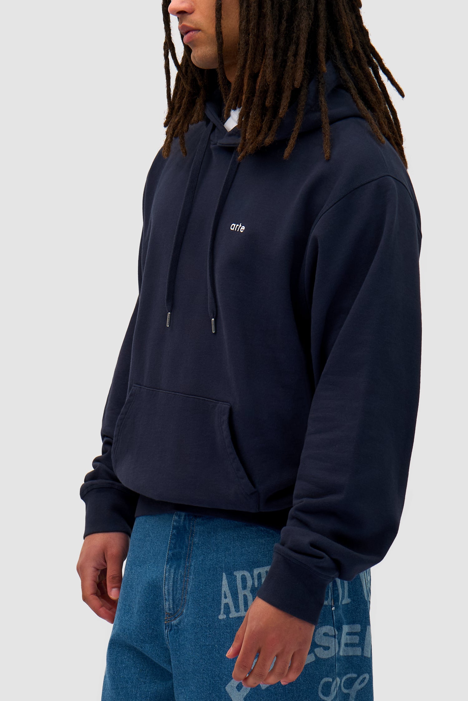 Detail view of Back Sun & Moon Hoodie in Navy