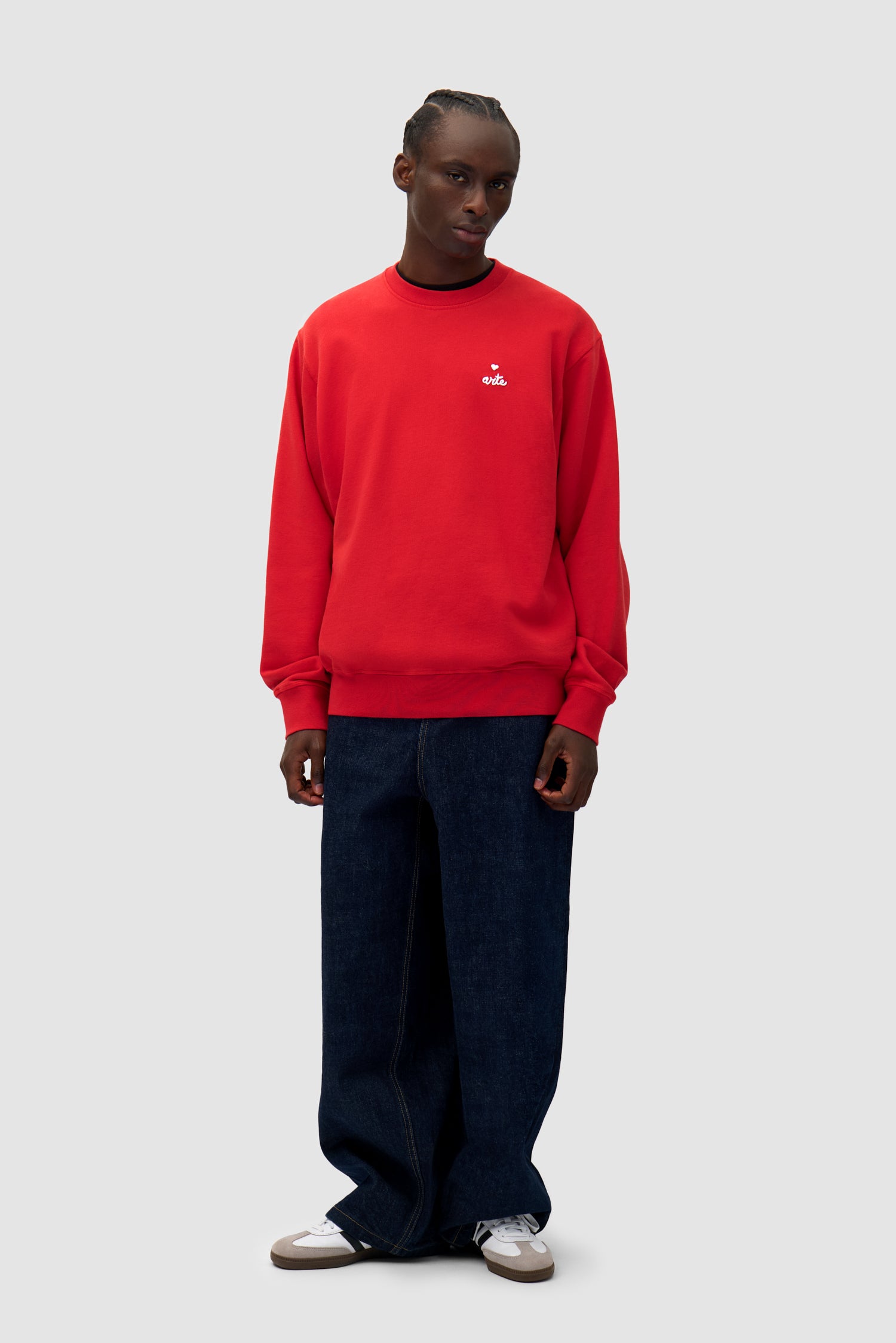 Heart Crewneck in Red worn by a model, full-body front view