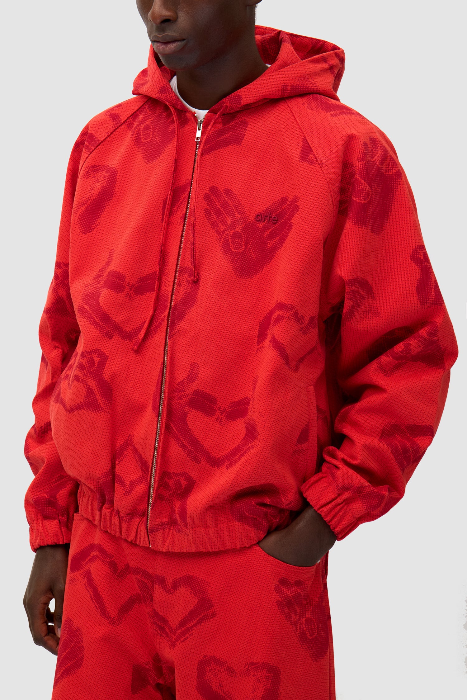 Detail view of Hands Print Jacket in Red