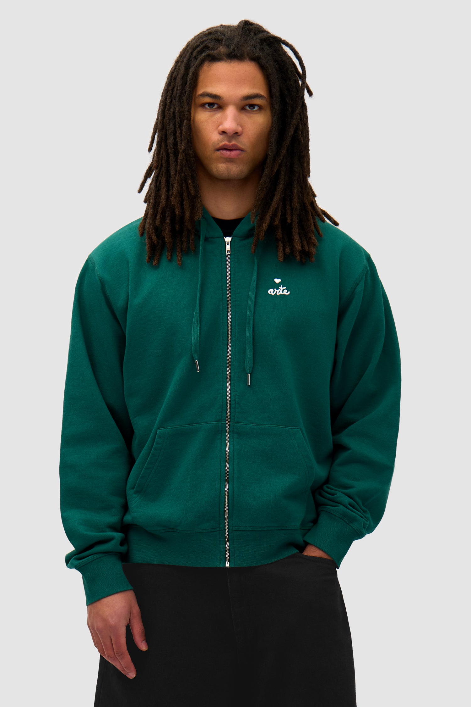 Heart Zip Hoodie in Green worn by a model, half-body front view