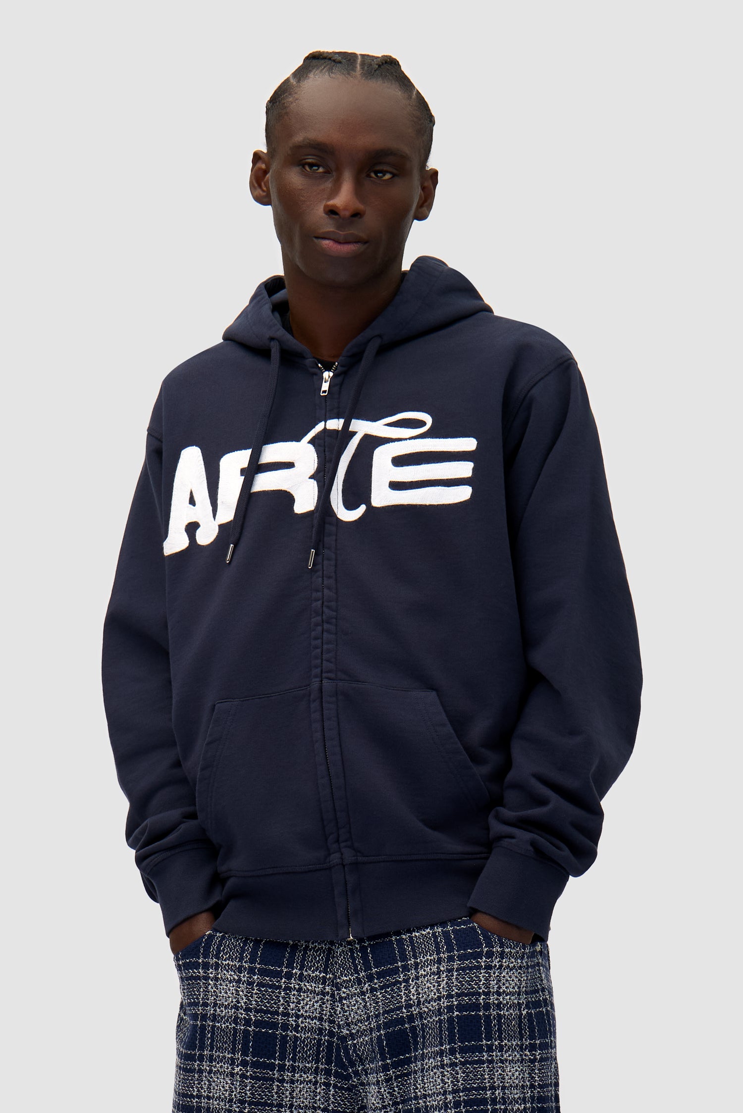 Energy Zip Hoodie in Navy worn by a model, half-body front view