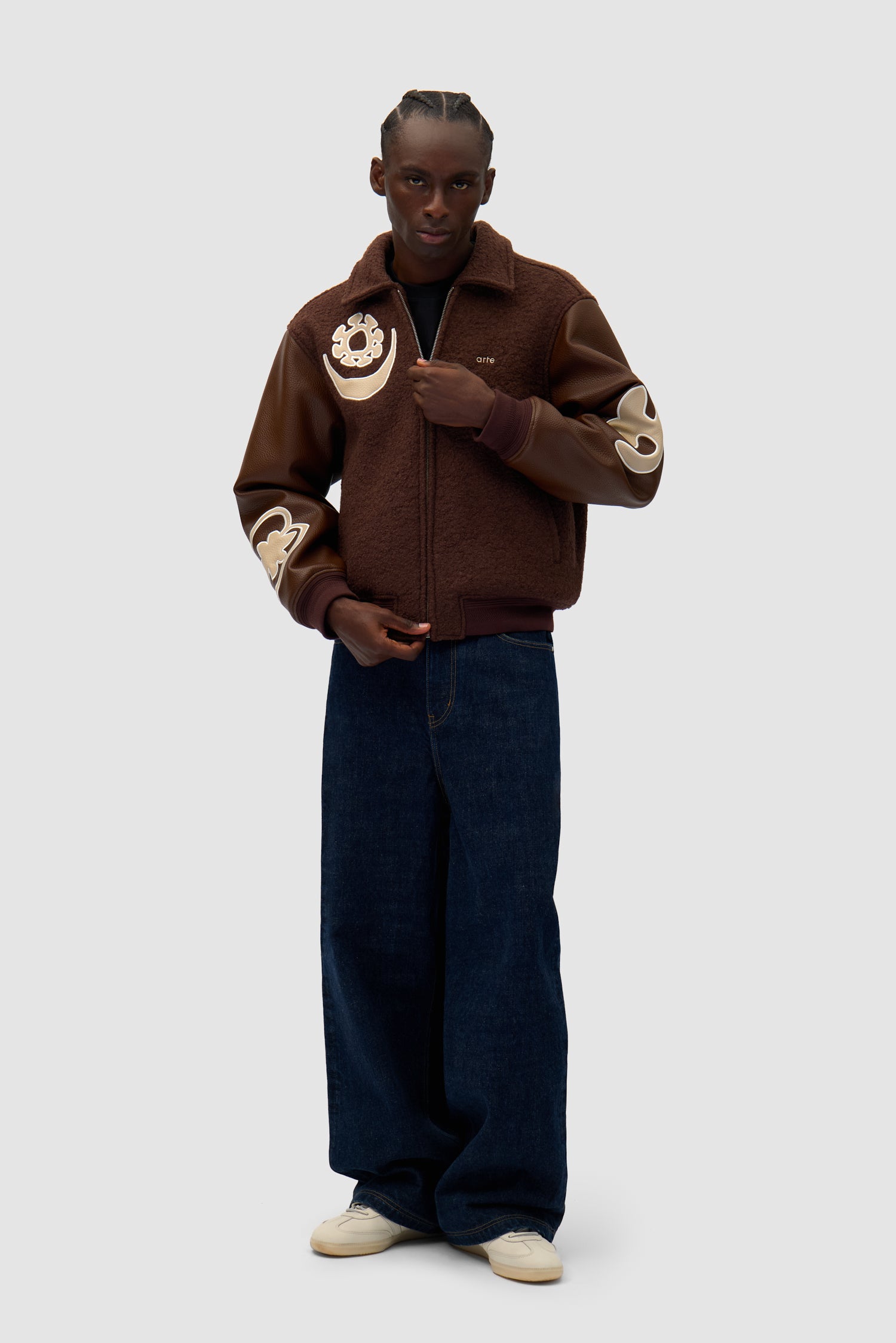 Varsity Jacket in Brown/Brown worn by a model, full-body front view