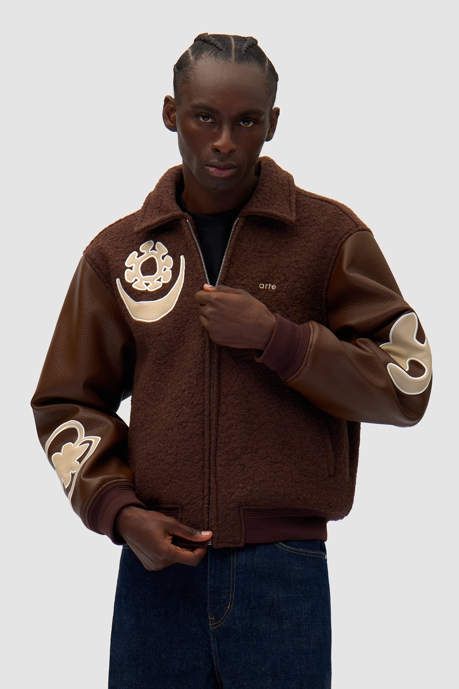 Varsity Jacket in Brown/Brown worn by a model, half-body front view