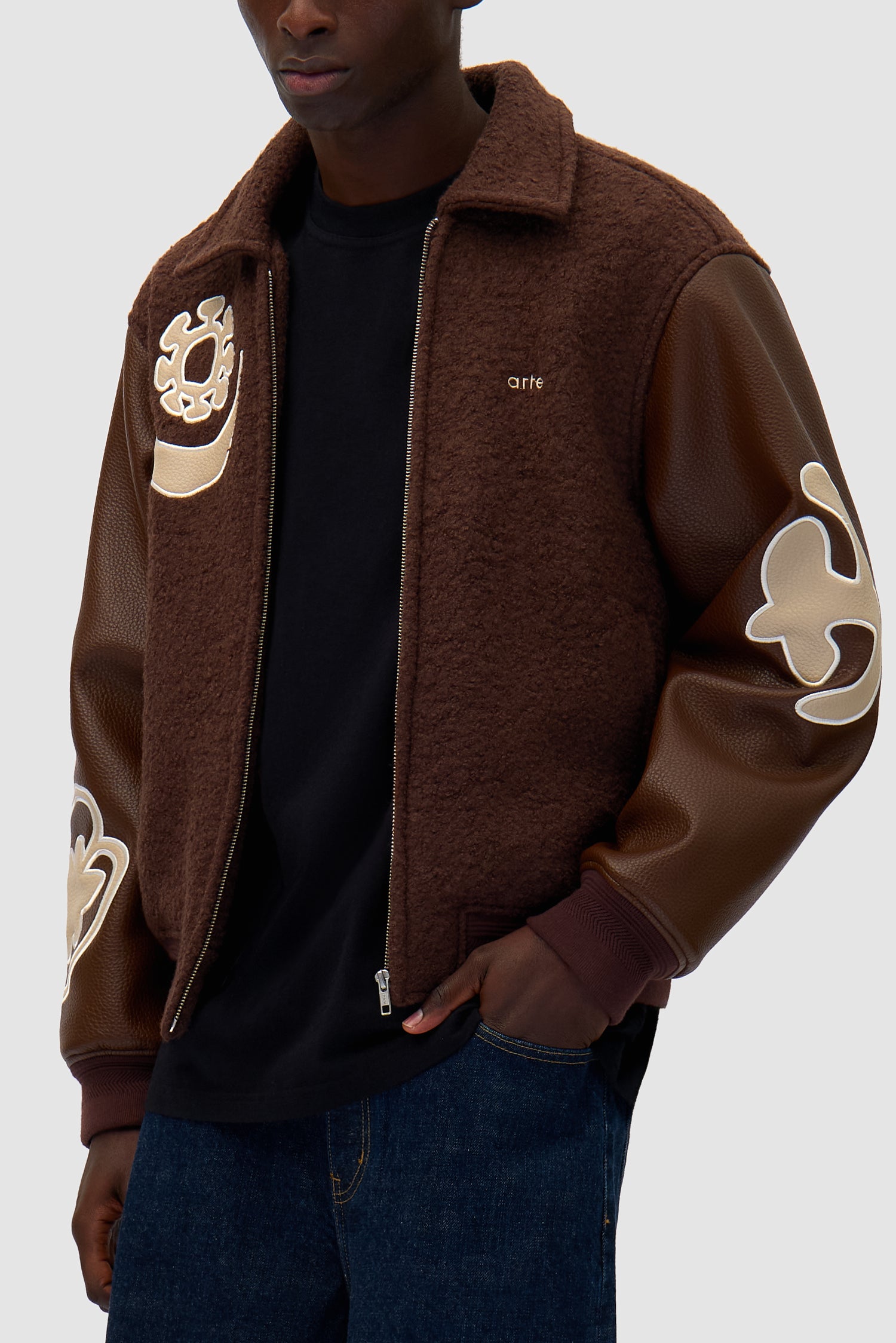 Detail view of Varsity Jacket in Brown/Brown