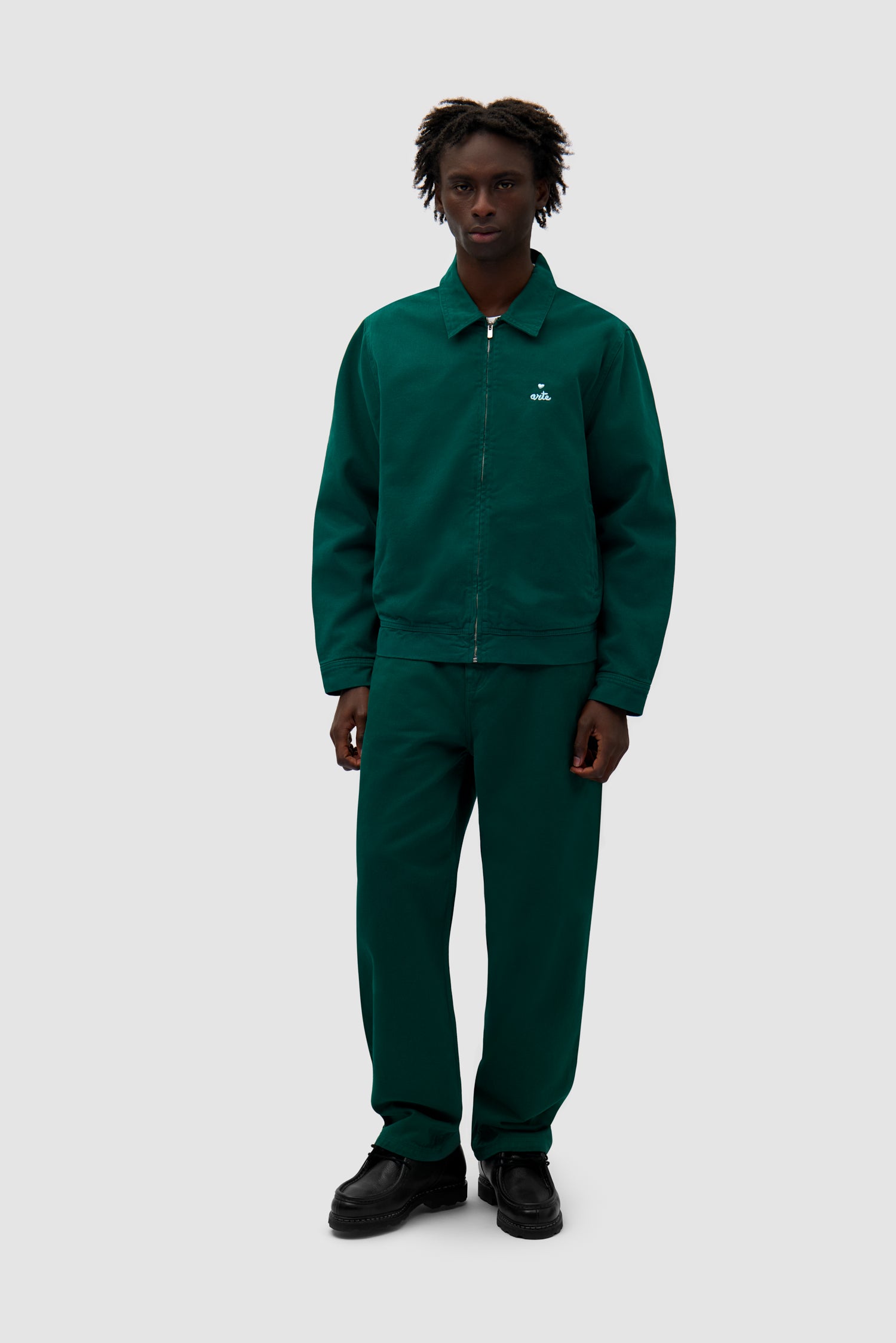 Heart Logo Jacket in Green worn by a model, full-body front view