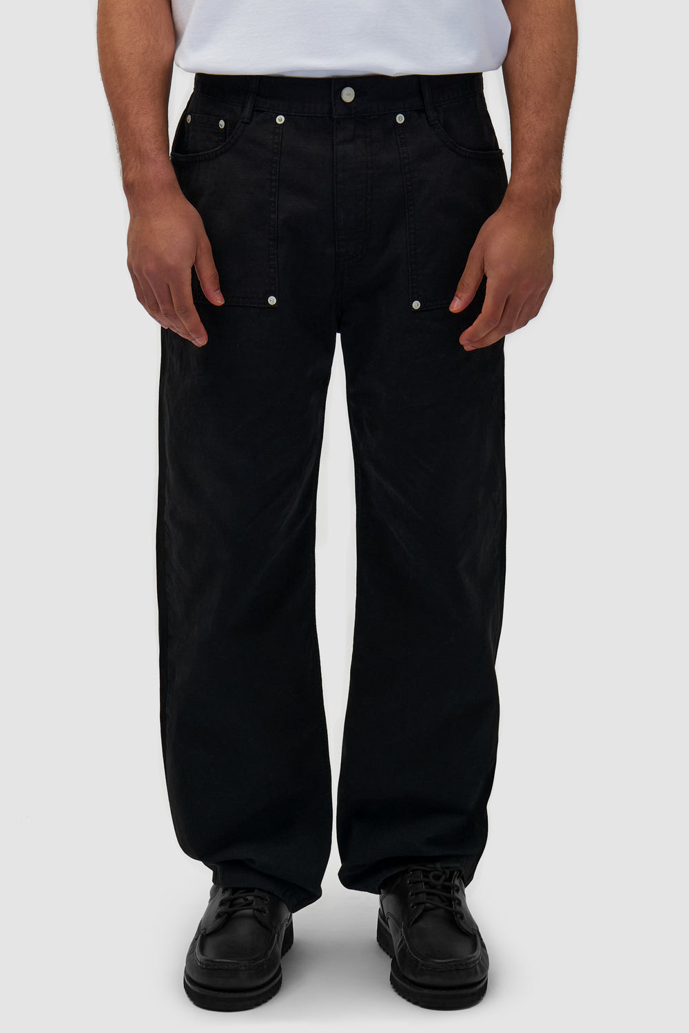 Ripstop Fabric Pants in Black worn by a model, half-body front view
