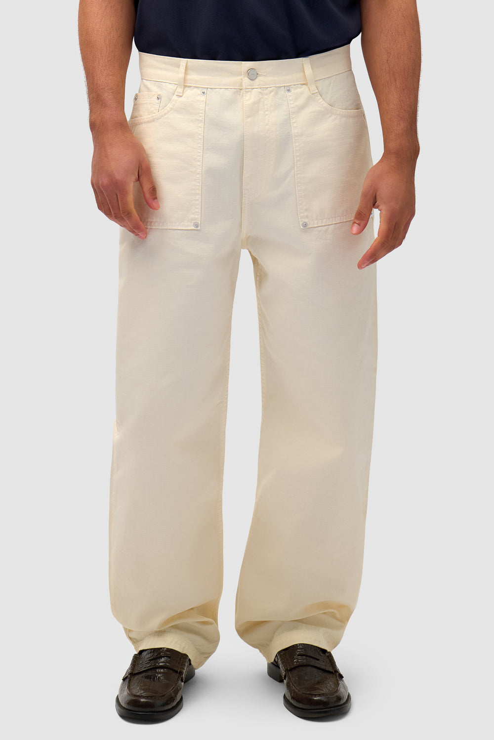 Ripstop Fabric Pants in Cream worn by a model, half-body front view