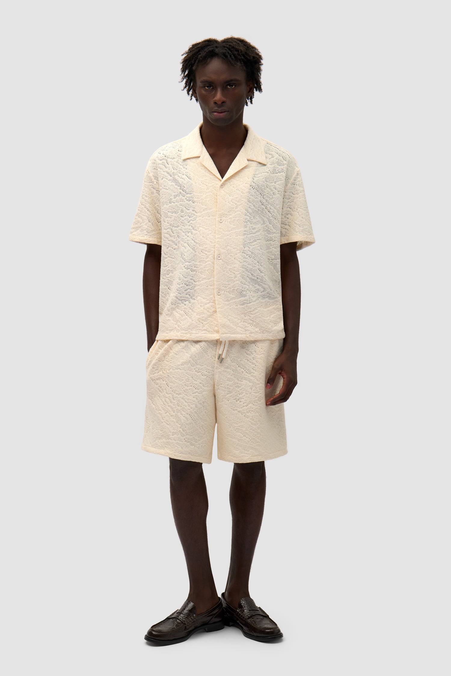 Crochet Shirt in Cream worn by a model, full-body front view