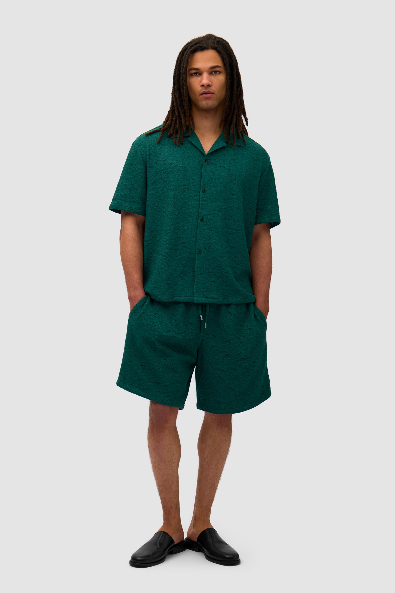 Crochet Shirt in Green worn by a model, full-body front view