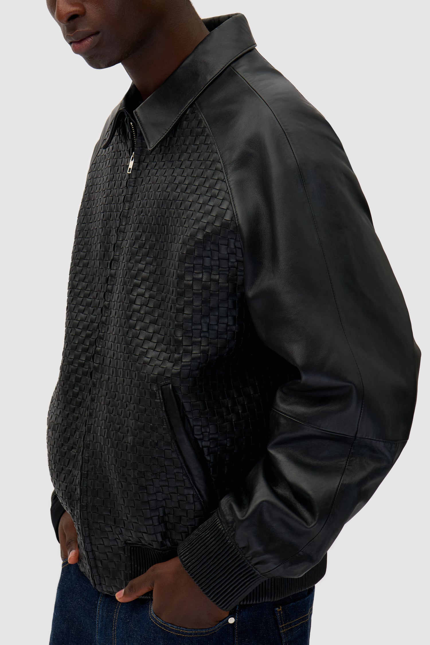 Square Leather Jacket in Black worn by a model, half-body detailed view