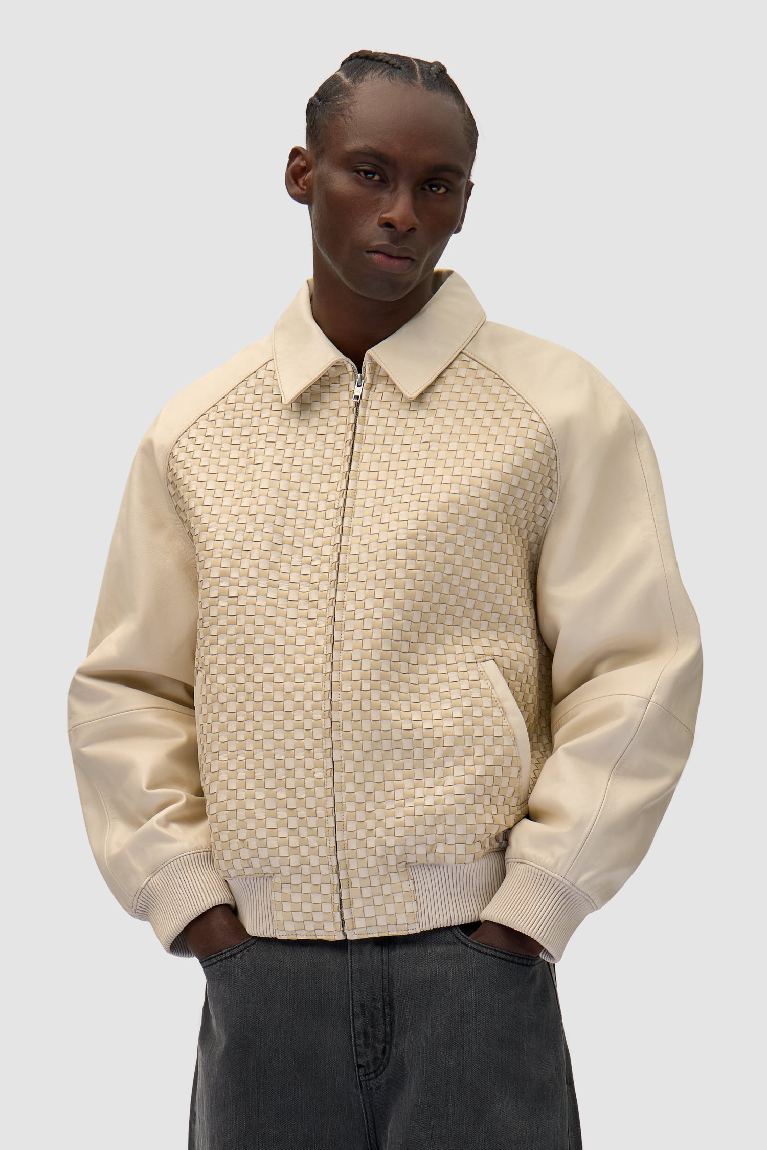 Square Leather Jacket in Cream worn by a model, half-body front view