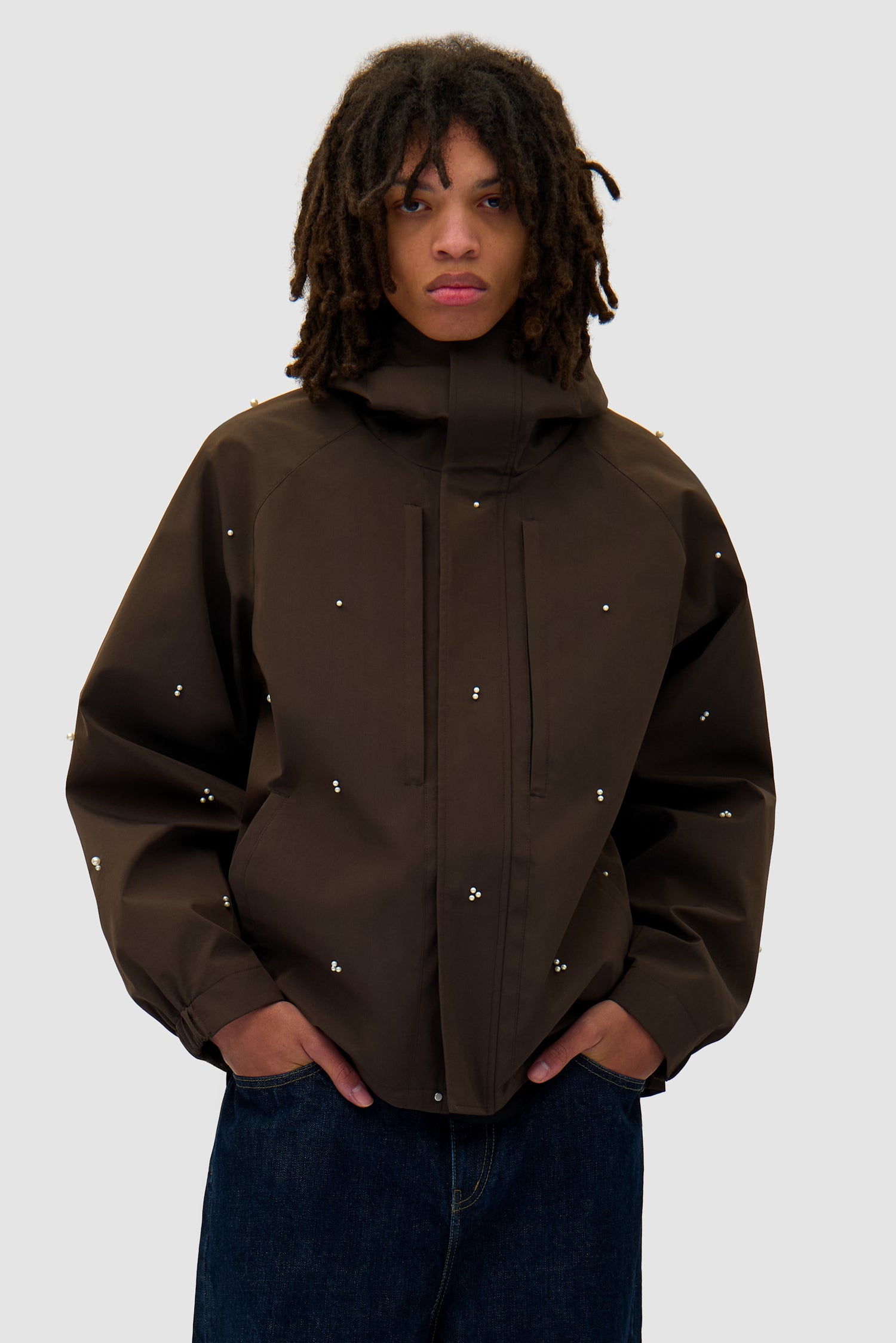 Jacket Beads Jacket in Brown worn by a model, half-body front view