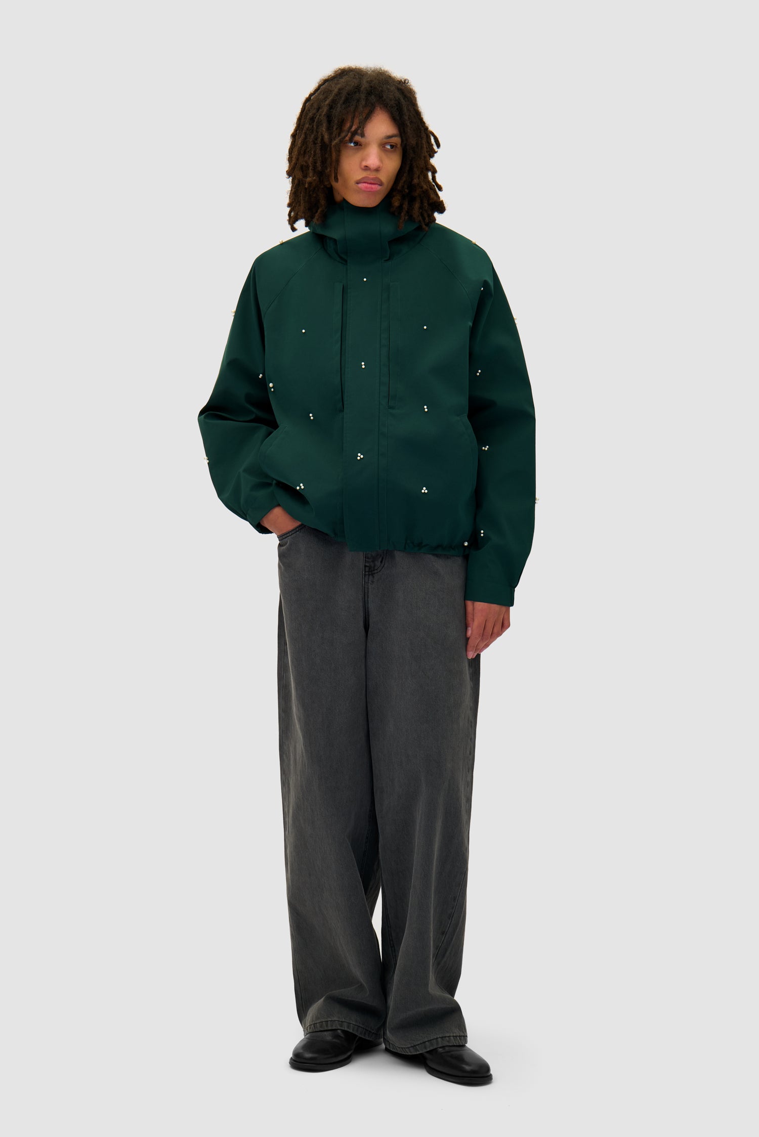 Jacket Beads Jacket in Green worn by a model, full-body front view