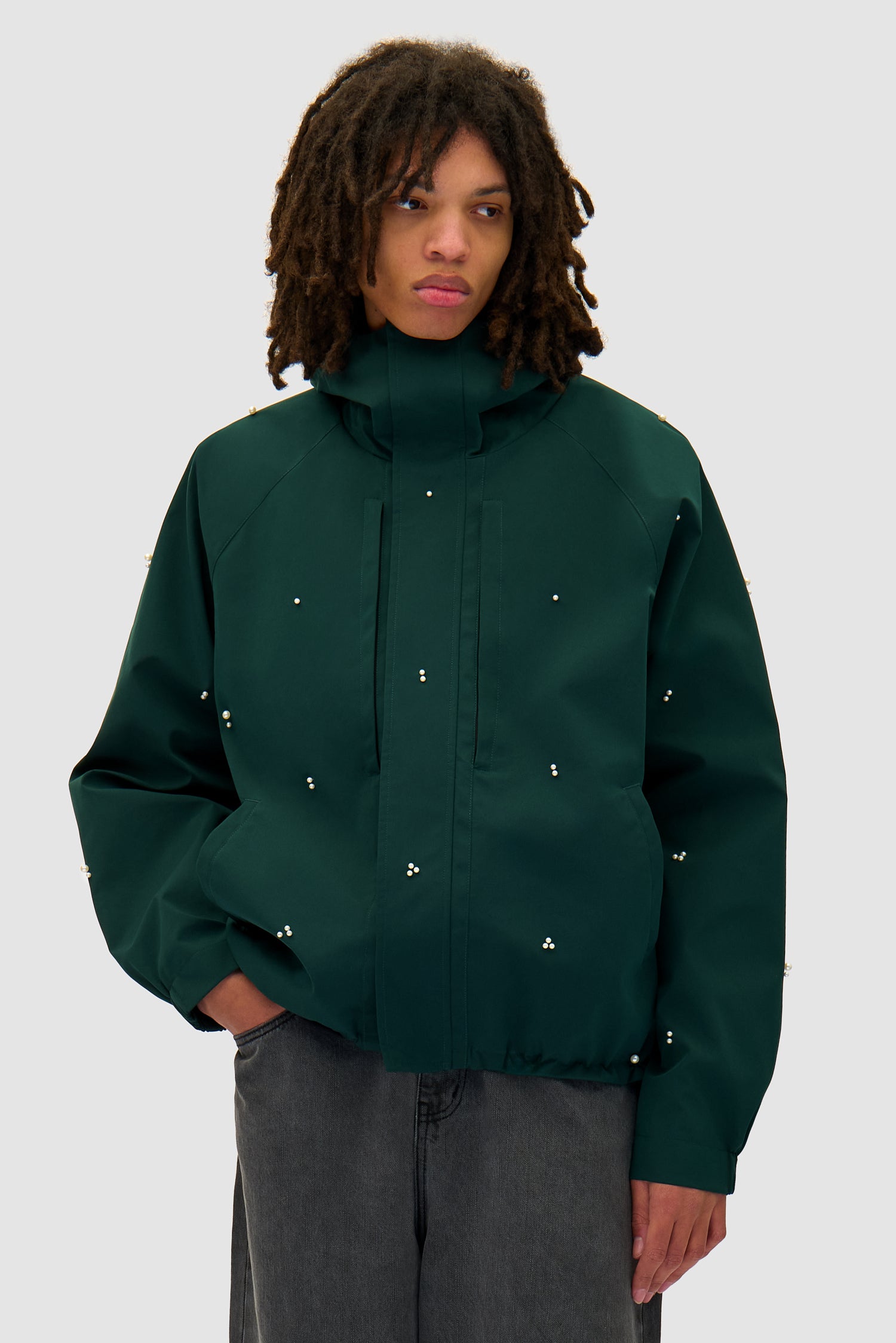 Jacket Beads Jacket in Green worn by a model, half-body front view