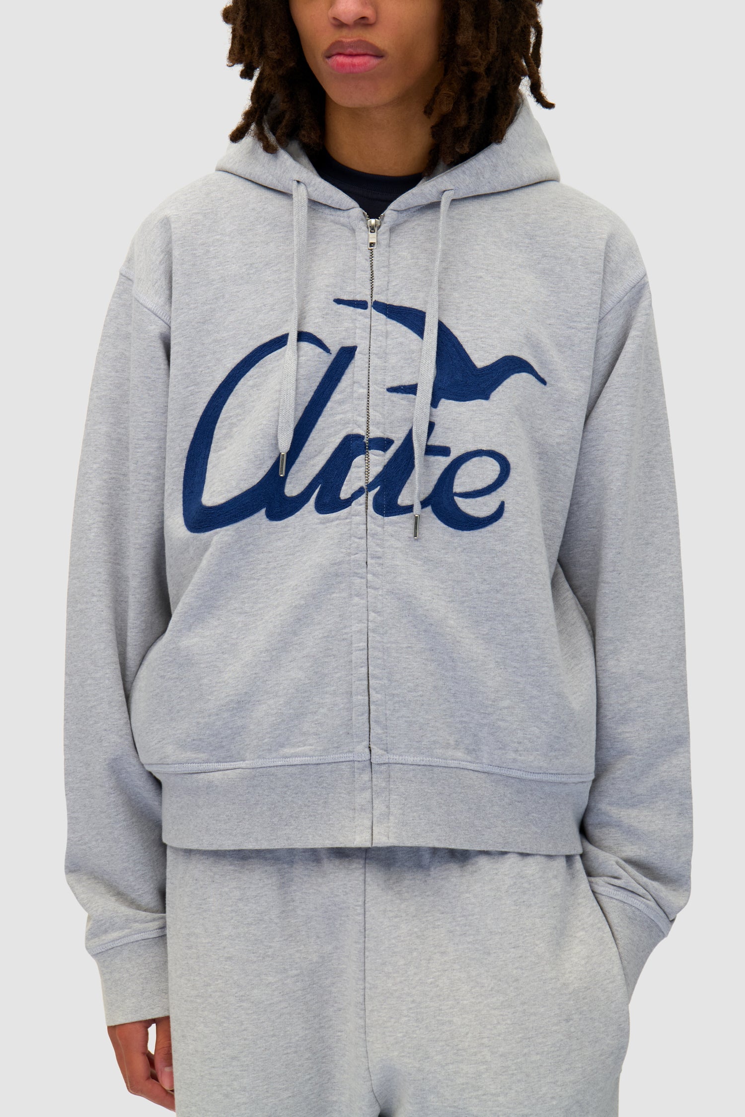 Detail view of Zipper Hoodie in Grey