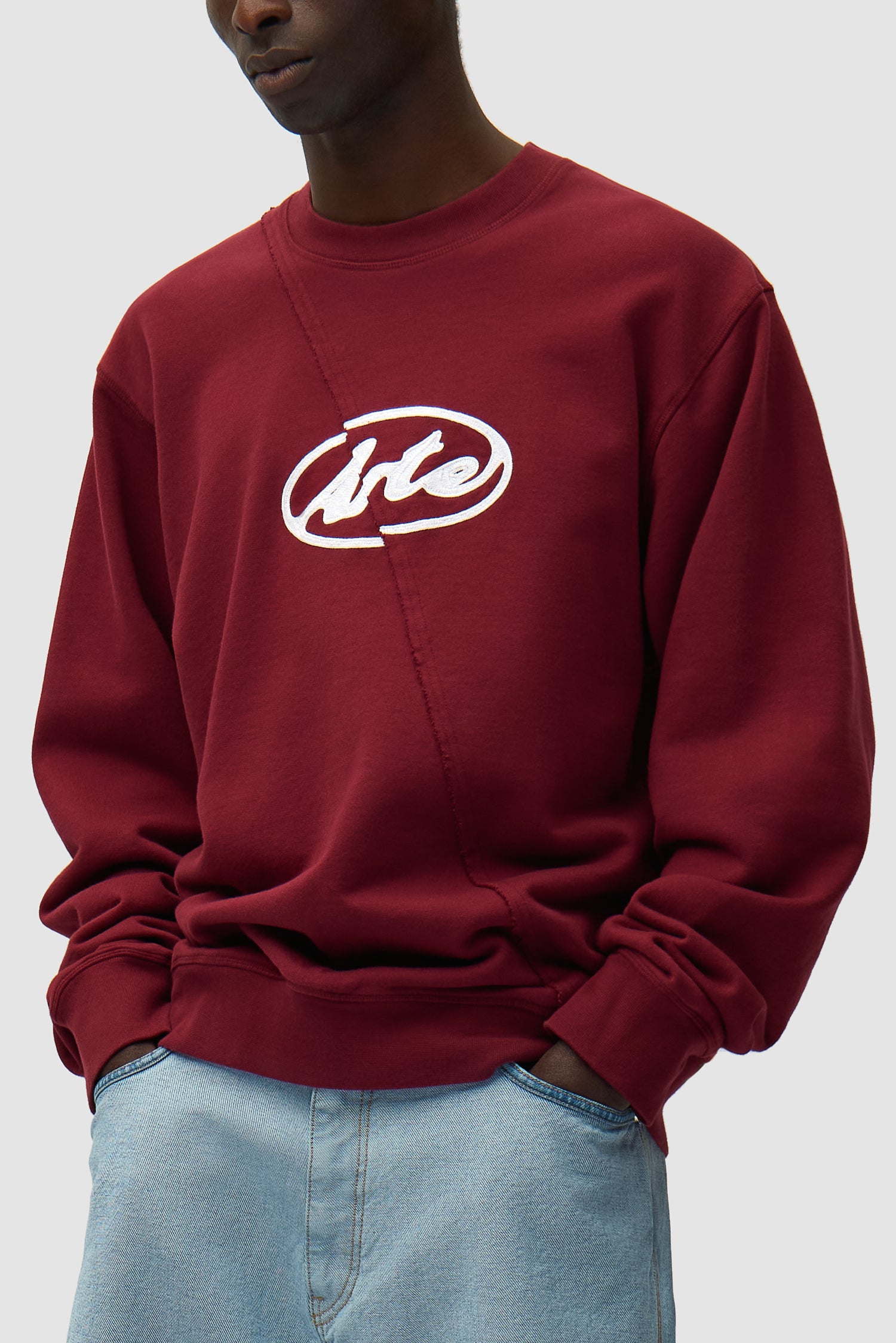 Pull brodé avec logo circulaire, couleur bordeaux, porté par un mannequin, vue détaillée du haut du corps