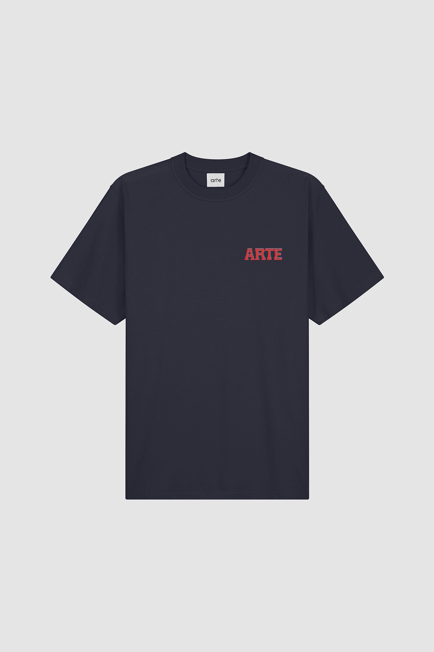 Mural Back Print T-shirt in Navy worn by a model, half-body detailed view