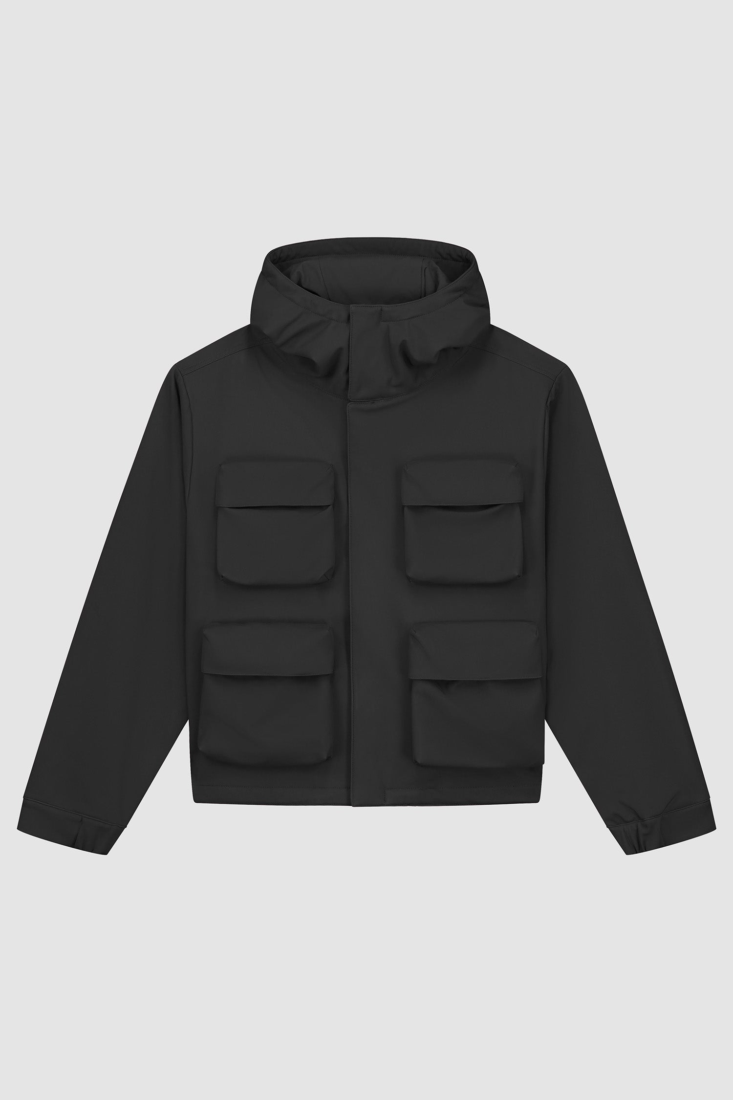 3D Pockets Hooded Nylon Jacket in Black, front view