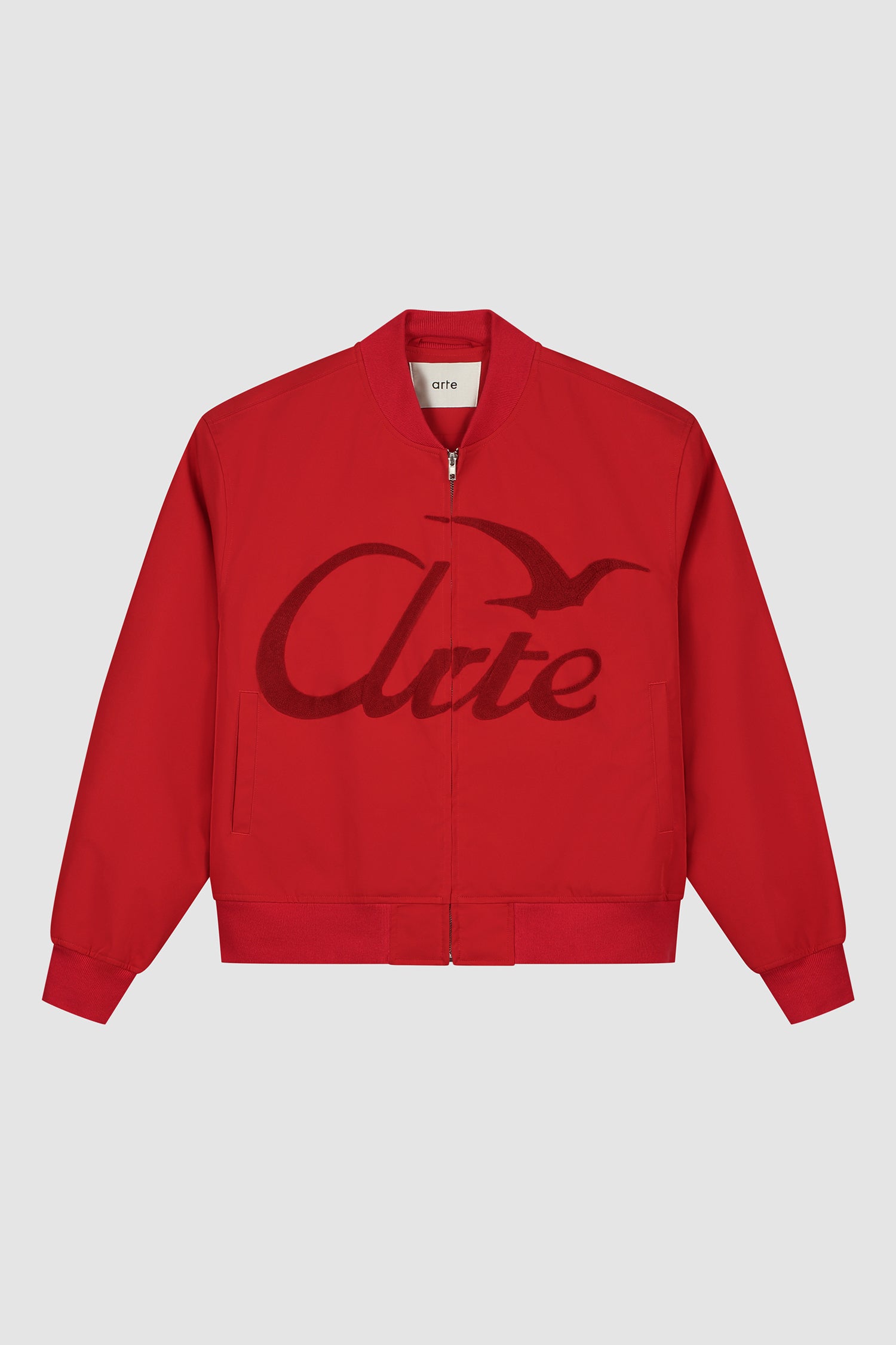 Logo Bird Bomber Jacket in Red, front view