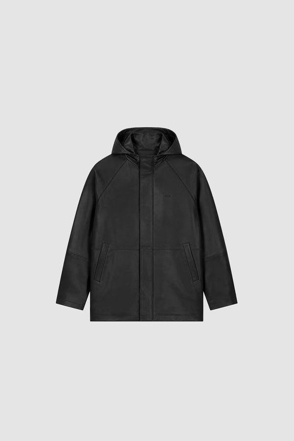 Leather Rain Coat in Black, Front view
