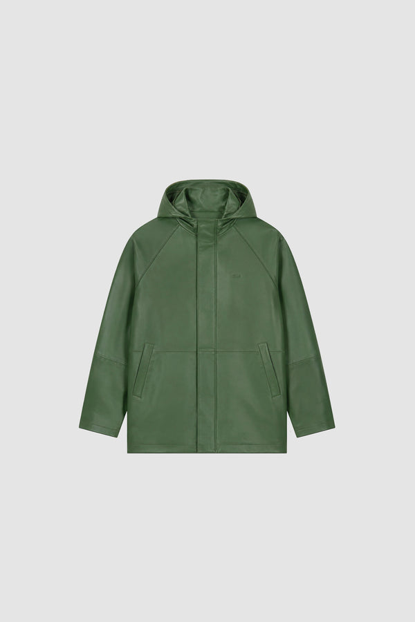 Leather Rain Coat in Green, Front view