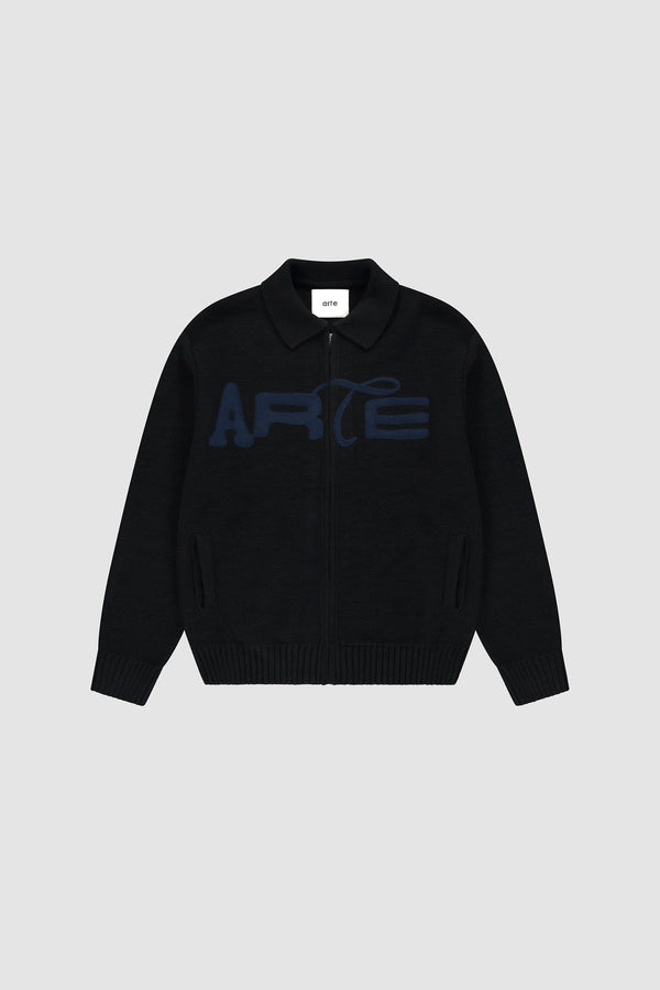 Stencil Zip Cardigan in Black, front view