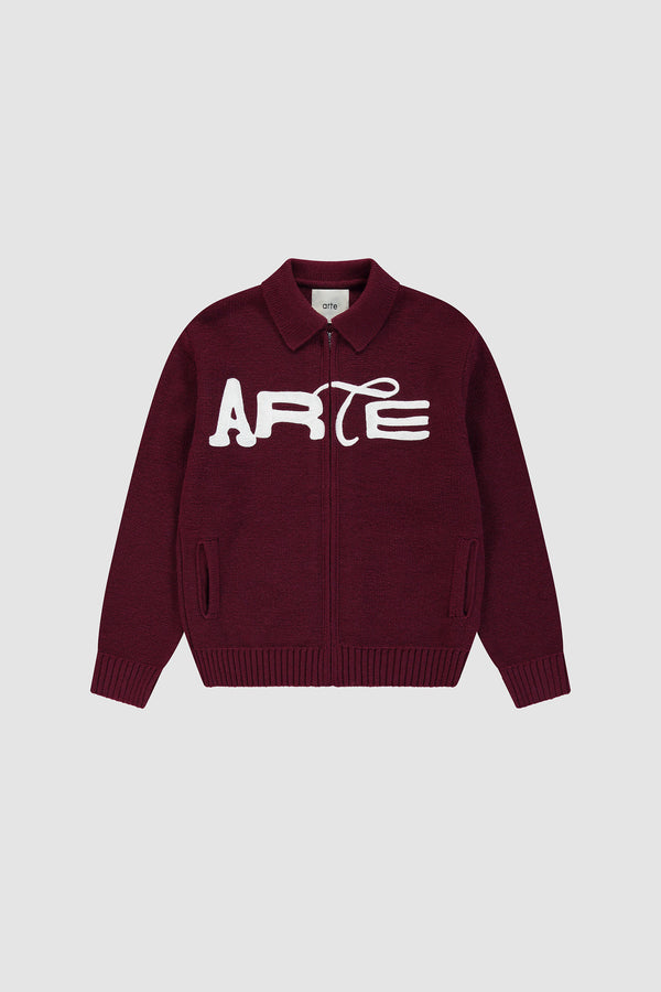 Stencil Zip Cardigan in Bordeaux, front view