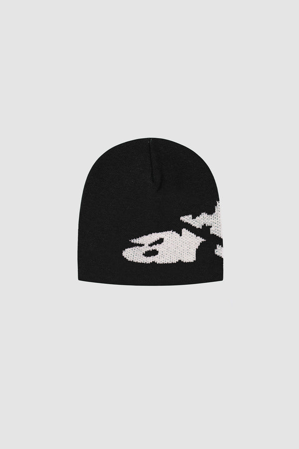 Ripped Arte Side Beanie in Black, front view