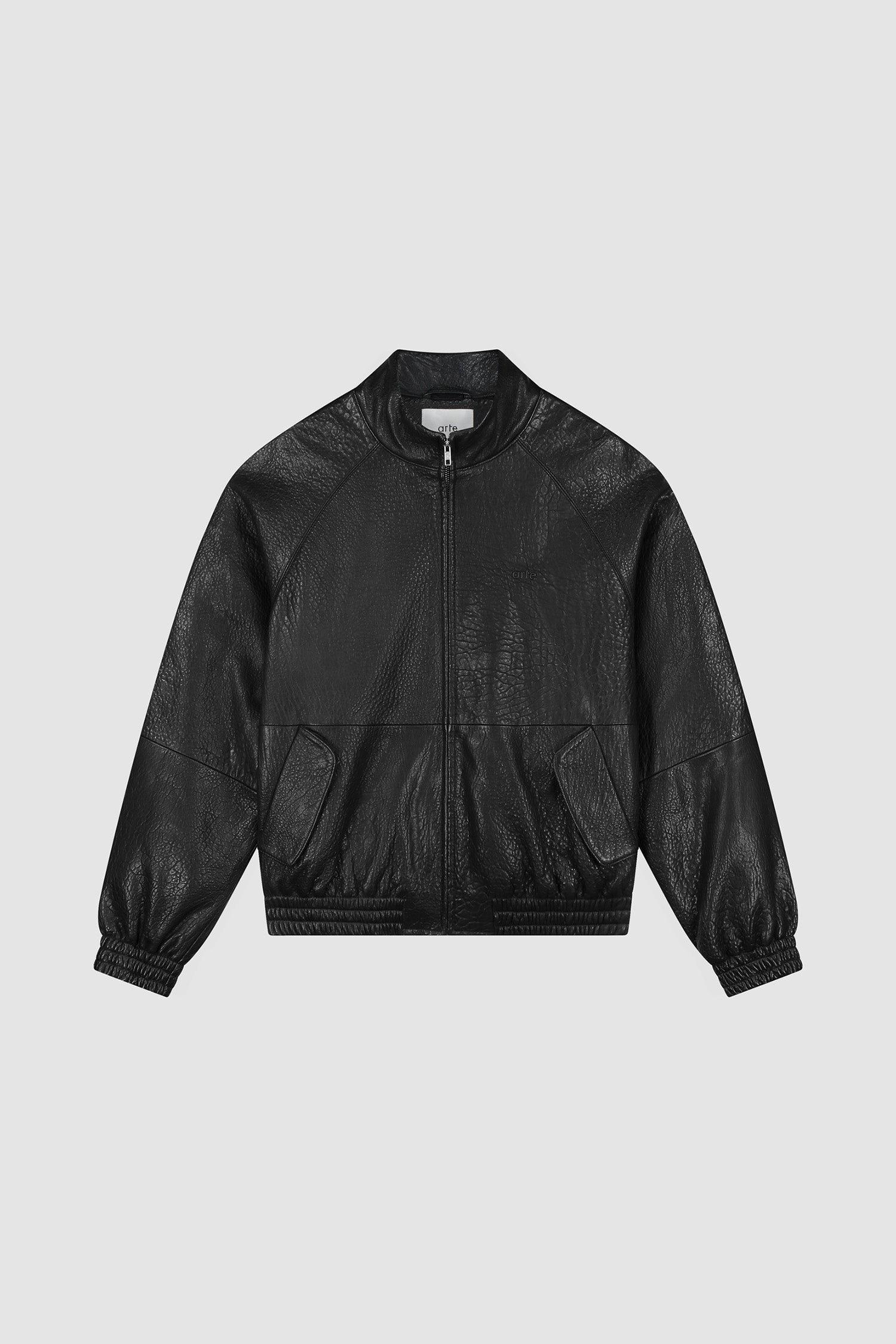 Veste en cuir à col haut, couleur noire, vue de face