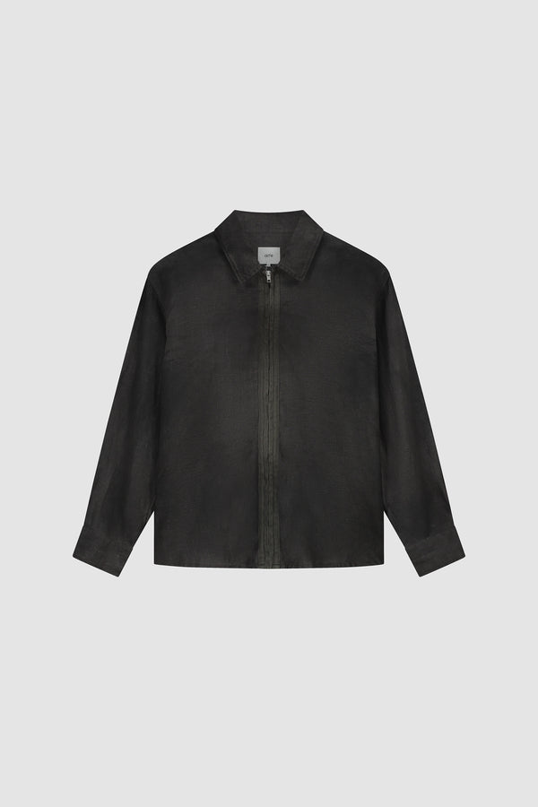 Dusty Linen Zip Shirt in Black, Front view