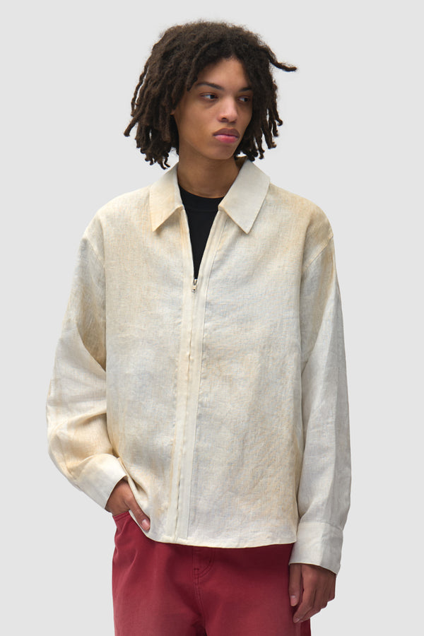 Dusty Linen Zip Shirt in Cream, Front view