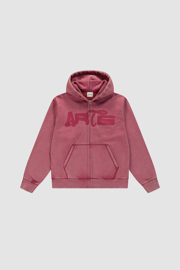 Stencil Sunfade Zip Hoodie in Red, Front view
