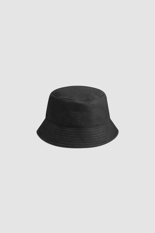 PU Leather Buckethat in Black worn by a model, half-body front view