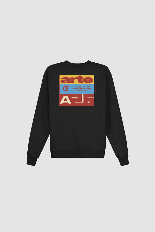 Tricolor Serial Crewneck in Black, front view