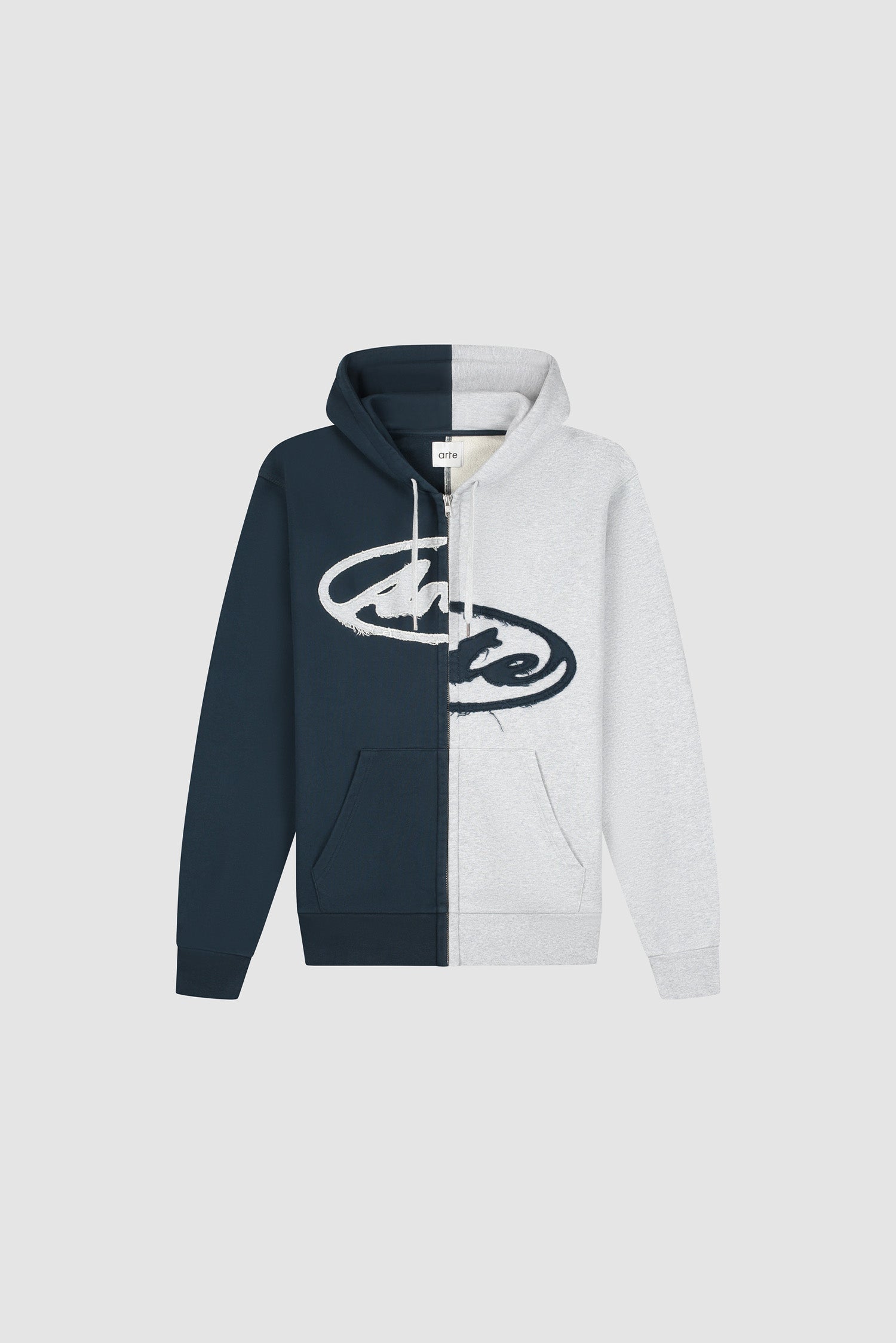 Split Patch Zip Hoodie in Grey/Navy, front view