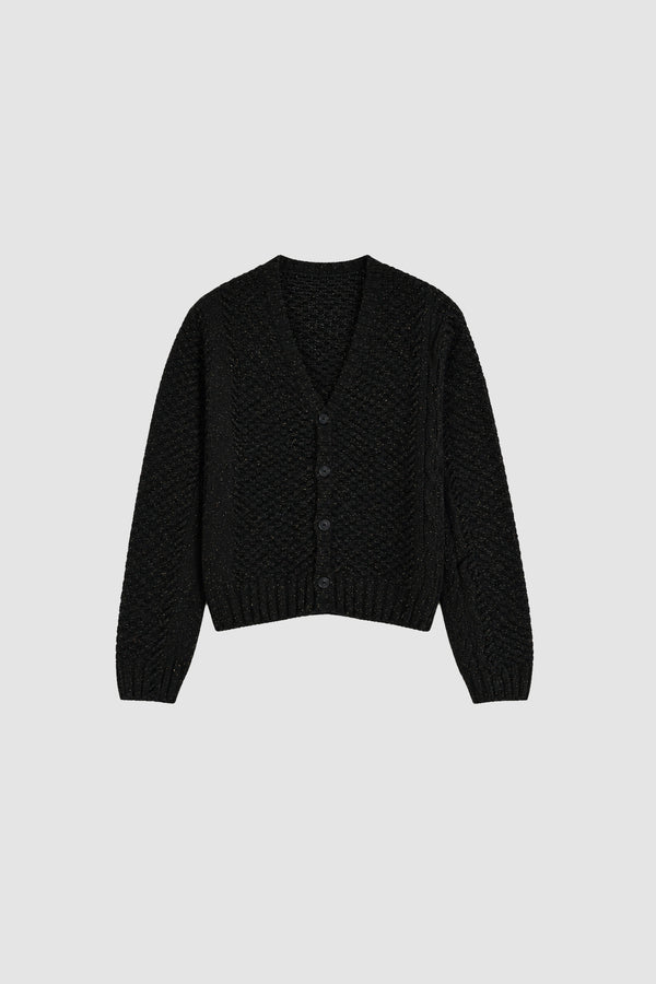 Speckle Cable Knit Cardigan in Black, Front view