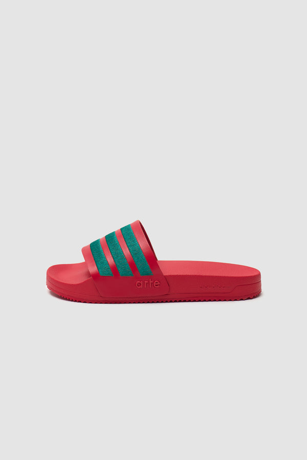 Arte for adidas Adilette in Better Scarlet/Collegiate Green, outside view