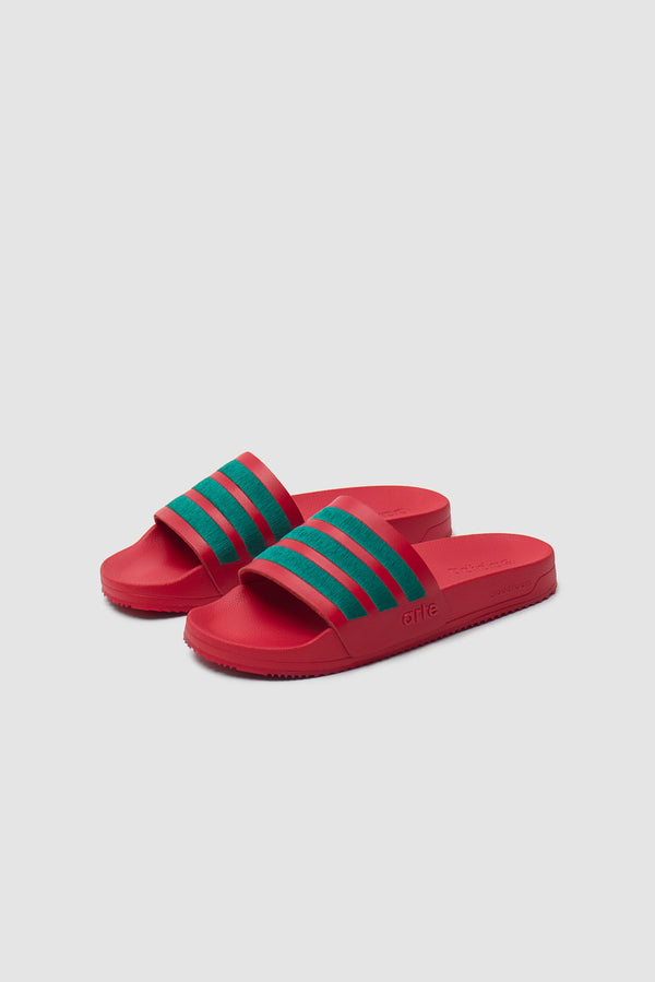 Arte for adidas Adilette in Better Scarlet/Collegiate Green, pair front view