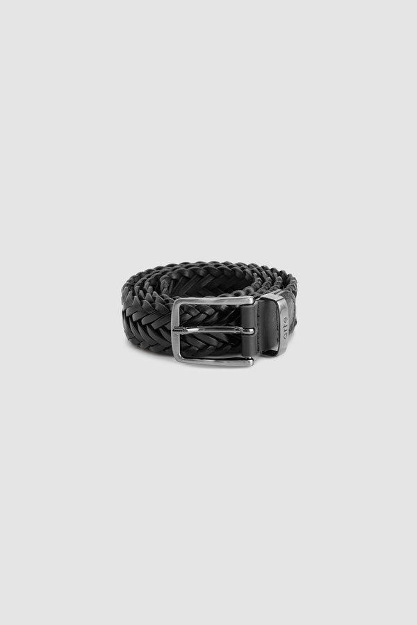 Braided Leather Belt in Black, front view