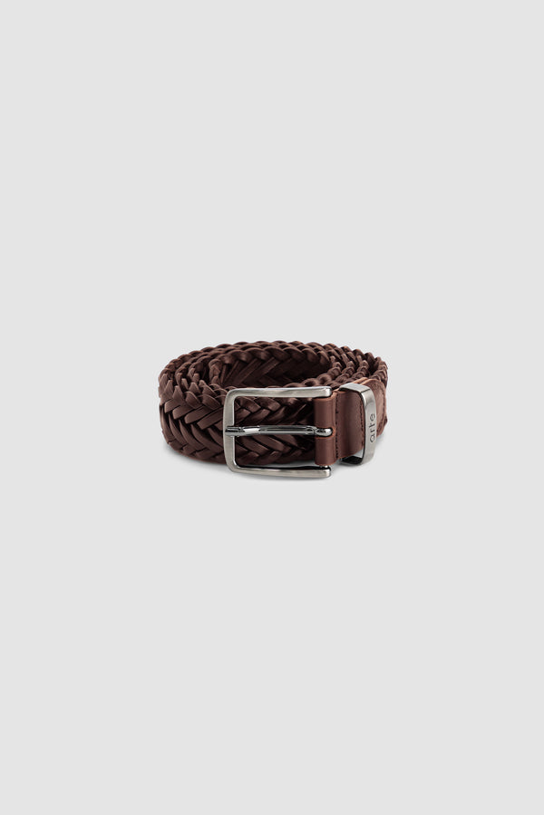Braided Leather Belt in Brown, front view