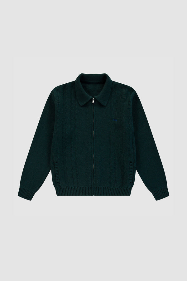 Cable Knit Zip Cardigan in Green, Front view