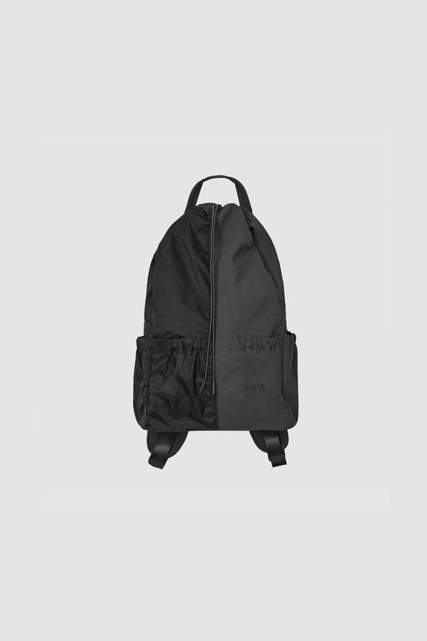 Drawstring Nylon Backpack in Black, front view