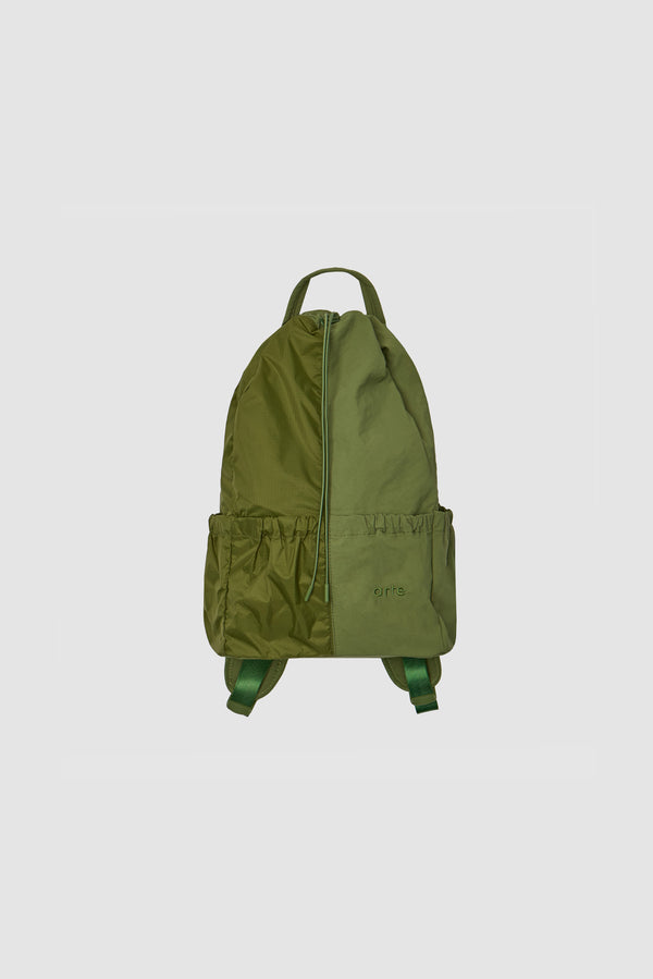Drawstring Nylon Backpack in Green, front view