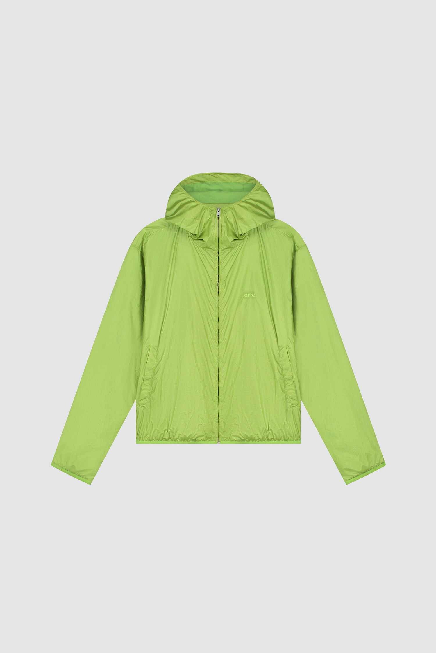 Shiny Nylon Jacket in Green, front view